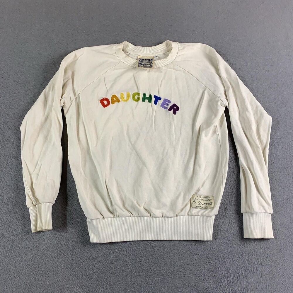 Jungmaven Sweatshirt Womens Medium beige Daughter Rainbow Embroidered Pullover
